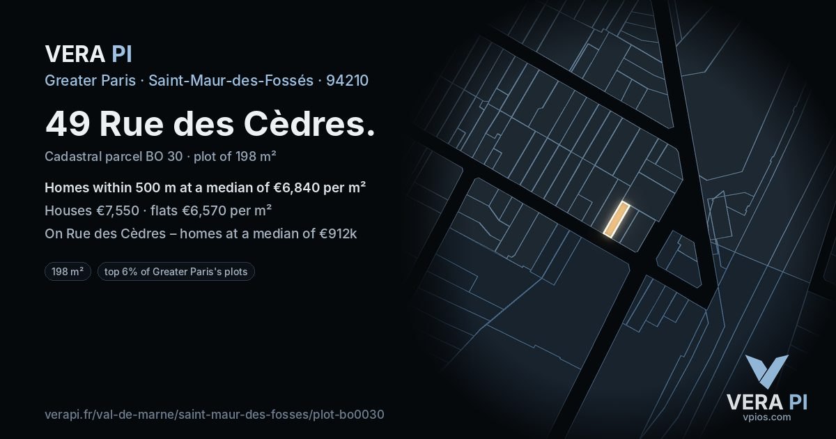 49 Rue des Cèdres, Saint-Maur-des-Fossés at night – the plot lit, the parcels around coloured by the prices near them
