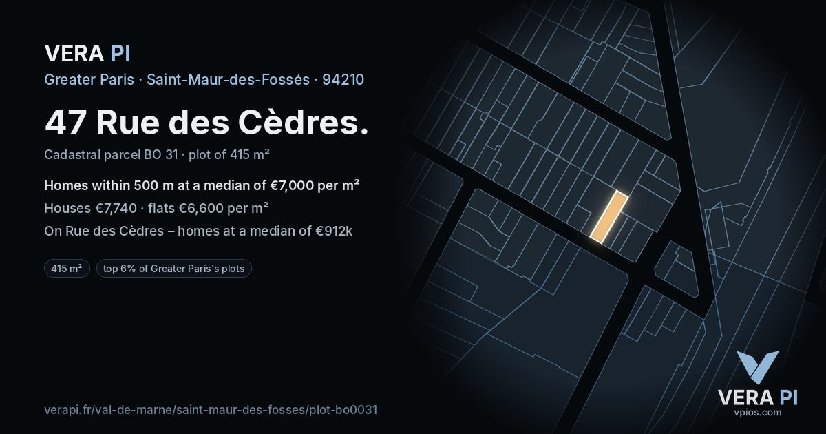 47 Rue des Cèdres, Saint-Maur-des-Fossés at night – the plot lit, the parcels around coloured by the prices near them