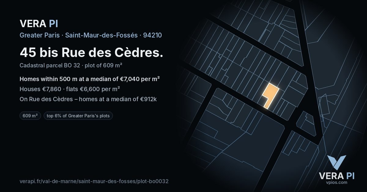 45 bis Rue des Cèdres, Saint-Maur-des-Fossés at night – the plot lit, the parcels around coloured by the prices near them