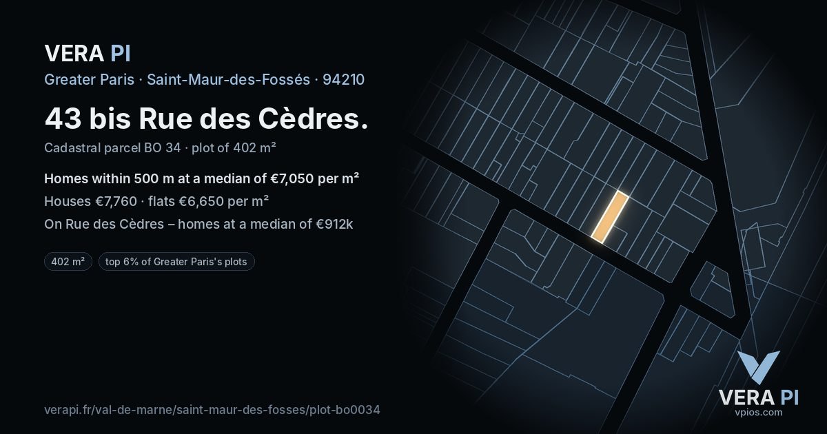 43 bis Rue des Cèdres, Saint-Maur-des-Fossés at night – the plot lit, the parcels around coloured by the prices near them