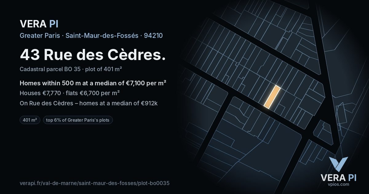43 Rue des Cèdres, Saint-Maur-des-Fossés at night – the plot lit, the parcels around coloured by the prices near them