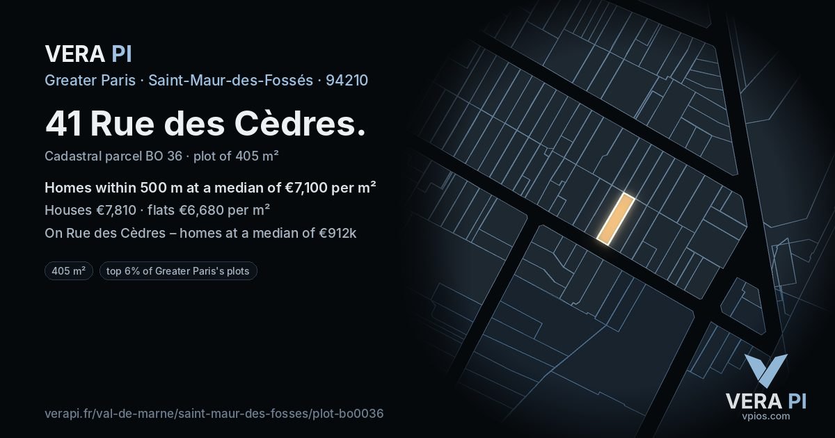 41 Rue des Cèdres, Saint-Maur-des-Fossés at night – the plot lit, the parcels around coloured by the prices near them