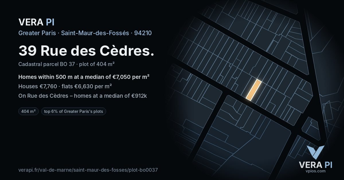39 Rue des Cèdres, Saint-Maur-des-Fossés at night – the plot lit, the parcels around coloured by the prices near them