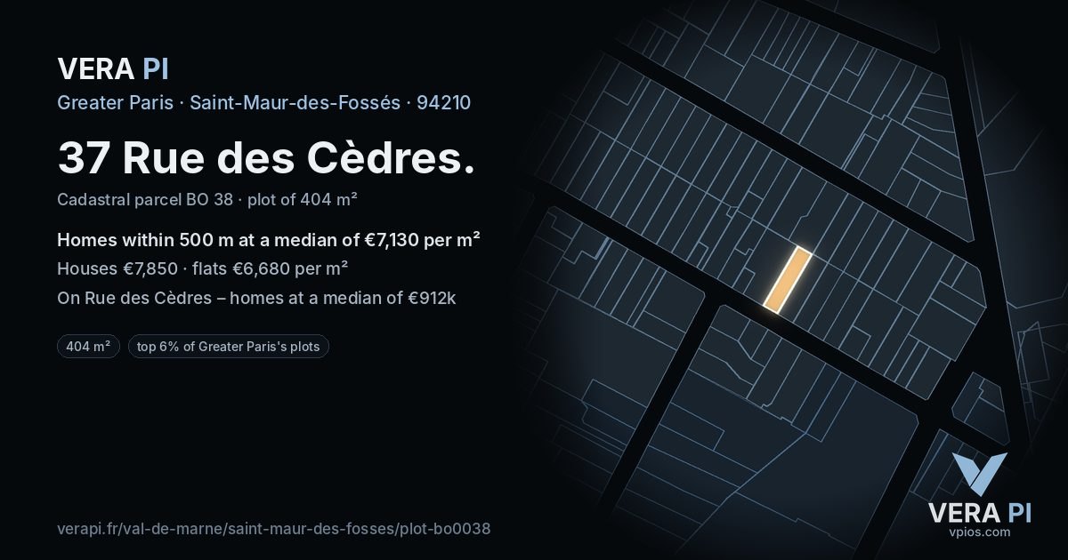 37 Rue des Cèdres, Saint-Maur-des-Fossés at night – the plot lit, the parcels around coloured by the prices near them