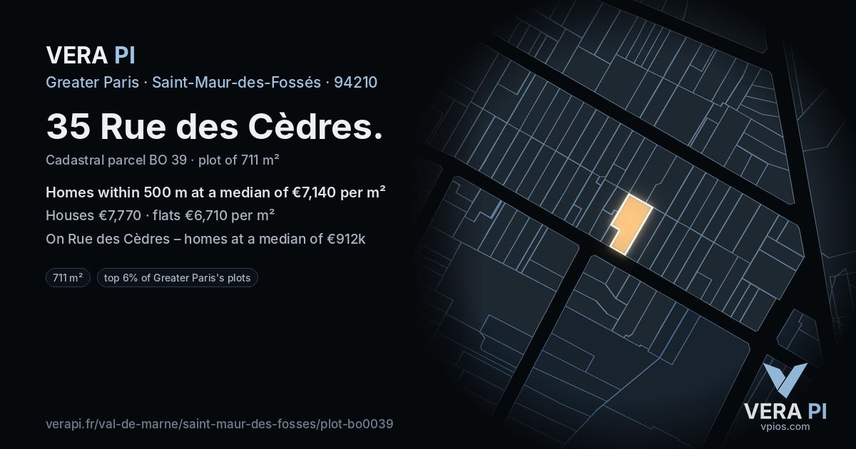 35 Rue des Cèdres, Saint-Maur-des-Fossés at night – the plot lit, the parcels around coloured by the prices near them