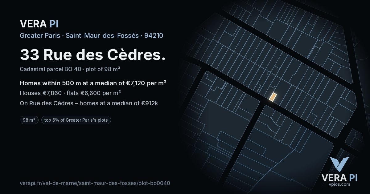 33 Rue des Cèdres, Saint-Maur-des-Fossés at night – the plot lit, the parcels around coloured by the prices near them