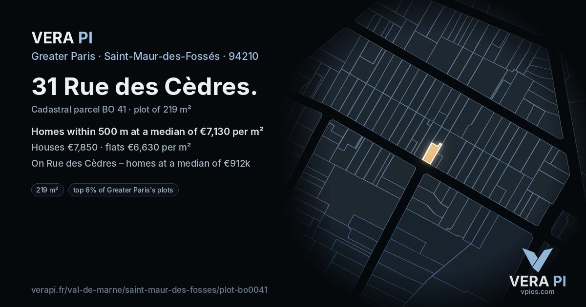 31 Rue des Cèdres, Saint-Maur-des-Fossés at night – the plot lit, the parcels around coloured by the prices near them