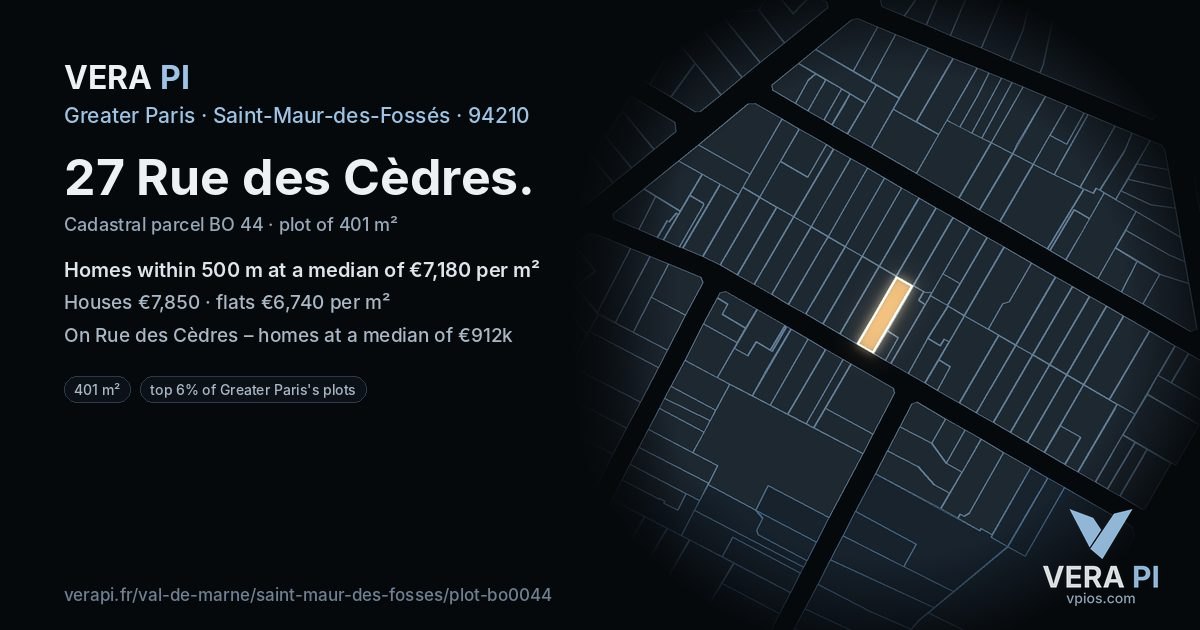 27 Rue des Cèdres, Saint-Maur-des-Fossés at night – the plot lit, the parcels around coloured by the prices near them