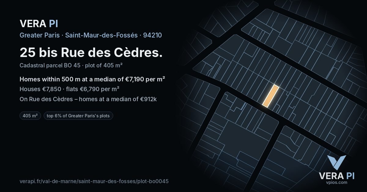 25 bis Rue des Cèdres, Saint-Maur-des-Fossés at night – the plot lit, the parcels around coloured by the prices near them