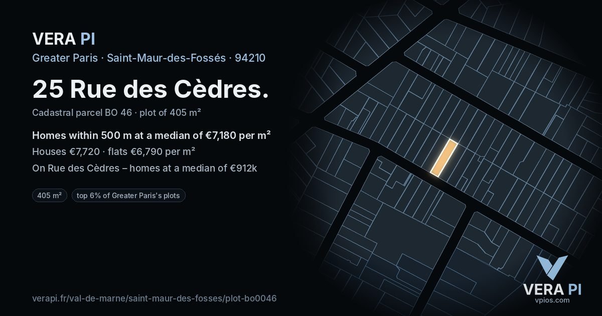 25 Rue des Cèdres, Saint-Maur-des-Fossés at night – the plot lit, the parcels around coloured by the prices near them