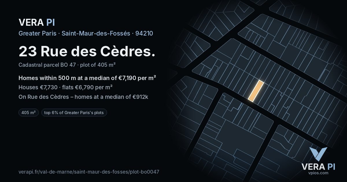 23 Rue des Cèdres, Saint-Maur-des-Fossés at night – the plot lit, the parcels around coloured by the prices near them