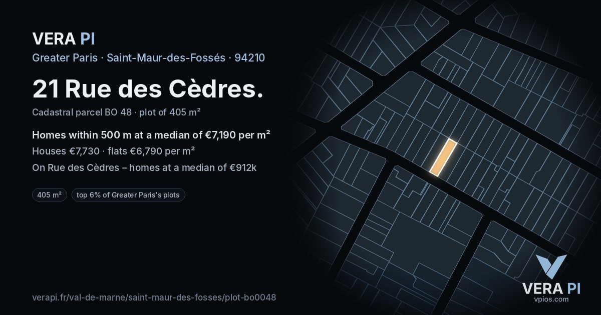 21 Rue des Cèdres, Saint-Maur-des-Fossés at night – the plot lit, the parcels around coloured by the prices near them