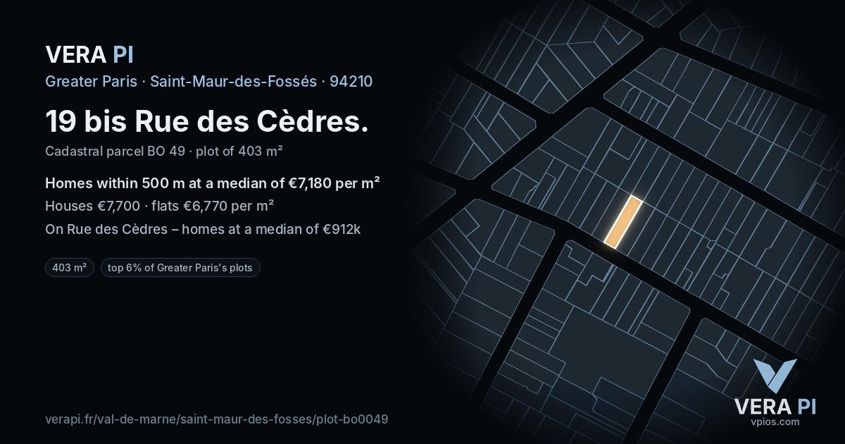 19 bis Rue des Cèdres, Saint-Maur-des-Fossés at night – the plot lit, the parcels around coloured by the prices near them