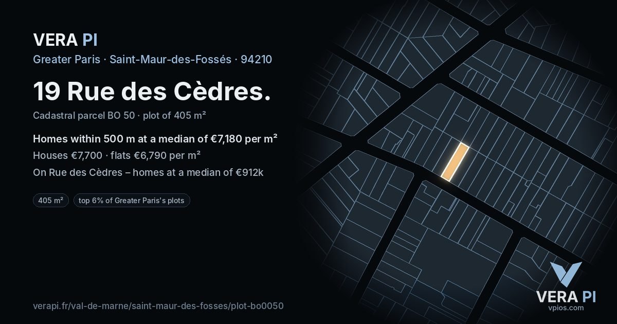 19 Rue des Cèdres, Saint-Maur-des-Fossés at night – the plot lit, the parcels around coloured by the prices near them