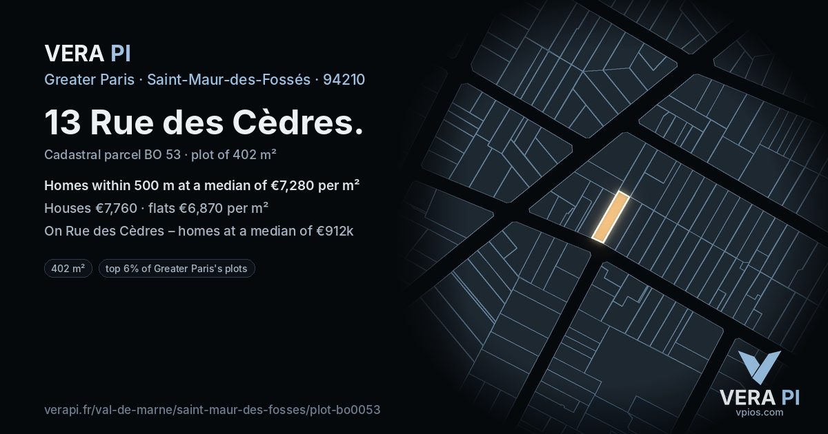 13 Rue des Cèdres, Saint-Maur-des-Fossés at night – the plot lit, the parcels around coloured by the prices near them