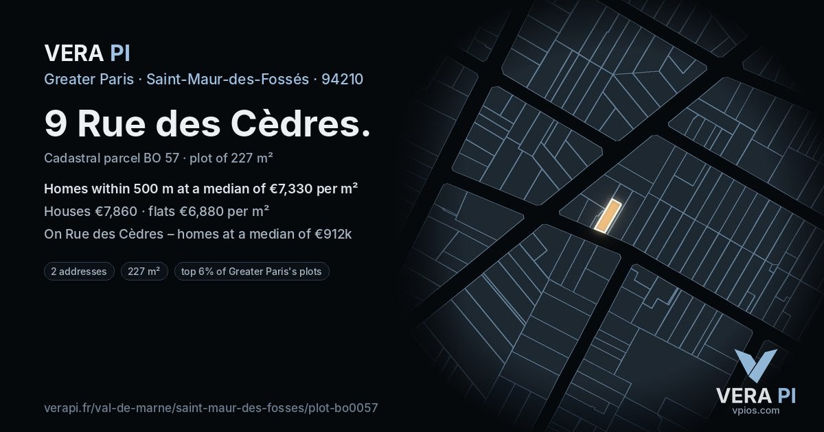 9 Rue des Cèdres, Saint-Maur-des-Fossés at night – the plot lit, the parcels around coloured by the prices near them