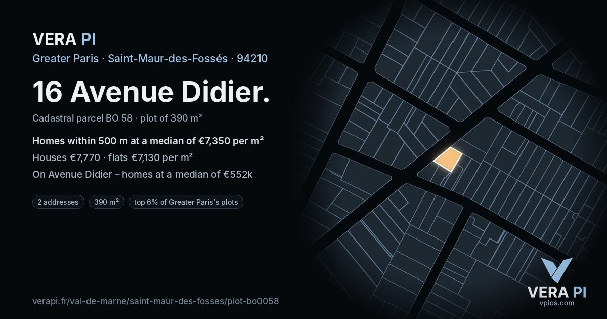 16 Avenue Didier, Saint-Maur-des-Fossés at night – the plot lit, the parcels around coloured by the prices near them