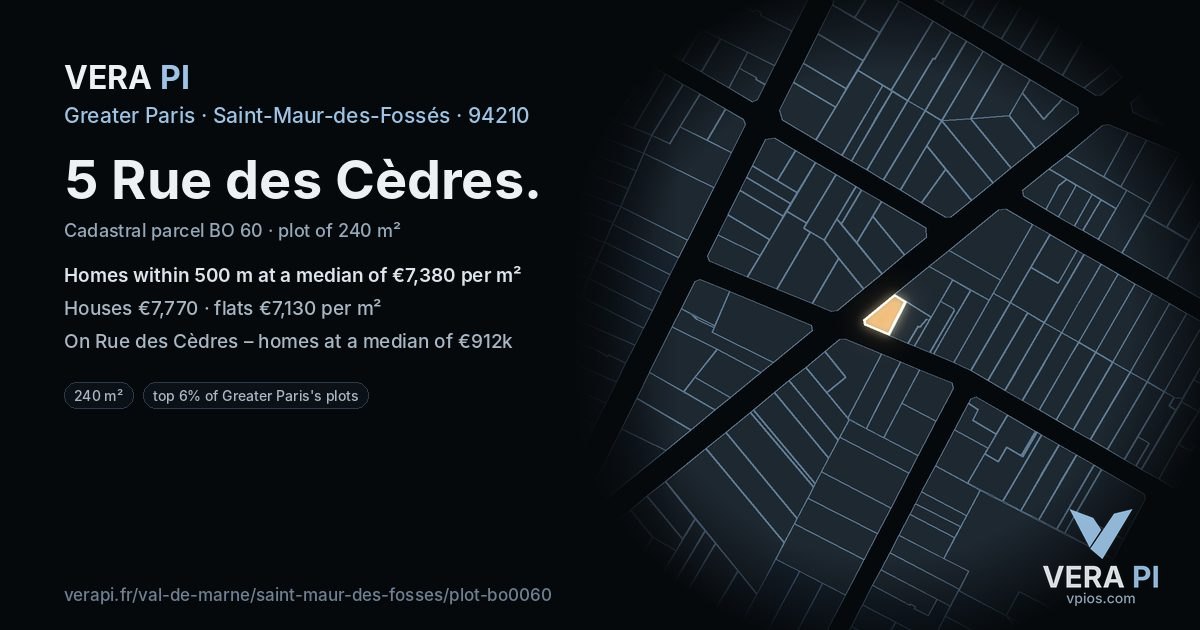 5 Rue des Cèdres, Saint-Maur-des-Fossés at night – the plot lit, the parcels around coloured by the prices near them