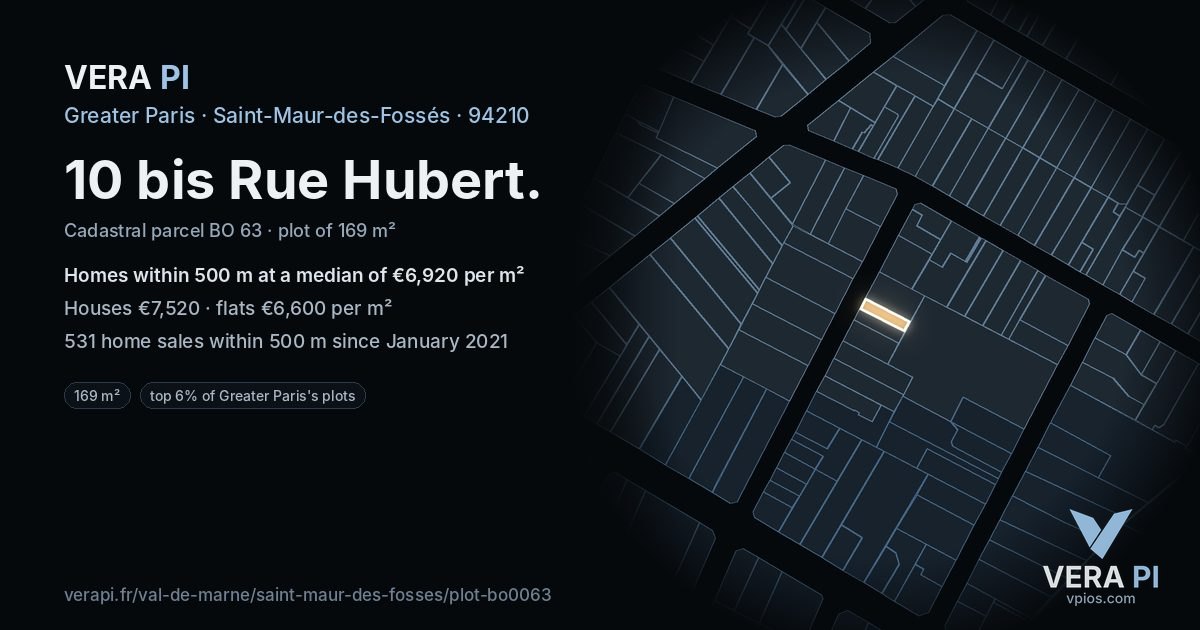 10 bis Rue Hubert, Saint-Maur-des-Fossés at night – the plot lit, the parcels around coloured by the prices near them