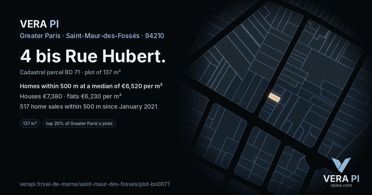 4 bis Rue Hubert, Saint-Maur-des-Fossés at night – the plot lit, the parcels around coloured by the prices near them