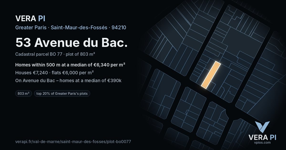 53 Avenue du Bac, Saint-Maur-des-Fossés at night – the plot lit, the parcels around coloured by the prices near them