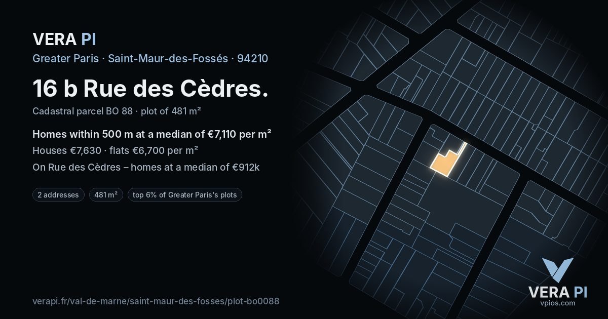 16 b Rue des Cèdres, Saint-Maur-des-Fossés at night – the plot lit, the parcels around coloured by the prices near them