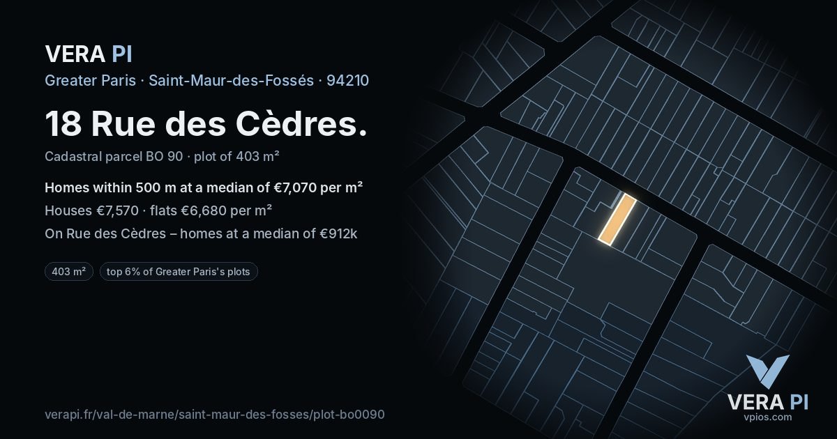 18 Rue des Cèdres, Saint-Maur-des-Fossés at night – the plot lit, the parcels around coloured by the prices near them