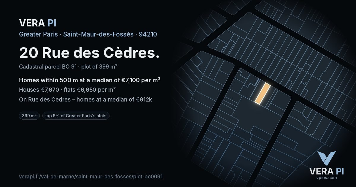 20 Rue des Cèdres, Saint-Maur-des-Fossés at night – the plot lit, the parcels around coloured by the prices near them