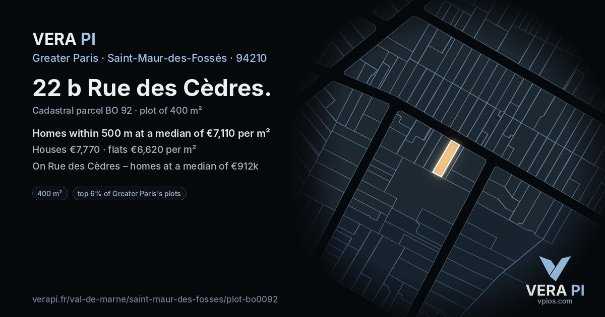 22 b Rue des Cèdres, Saint-Maur-des-Fossés at night – the plot lit, the parcels around coloured by the prices near them