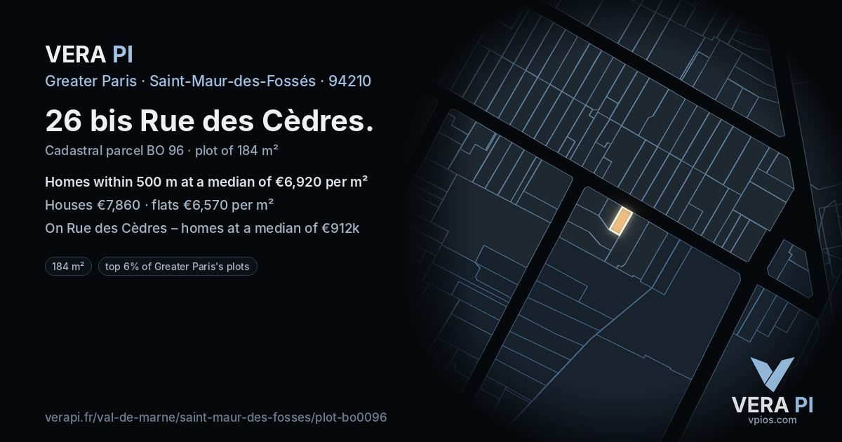 26 bis Rue des Cèdres, Saint-Maur-des-Fossés at night – the plot lit, the parcels around coloured by the prices near them