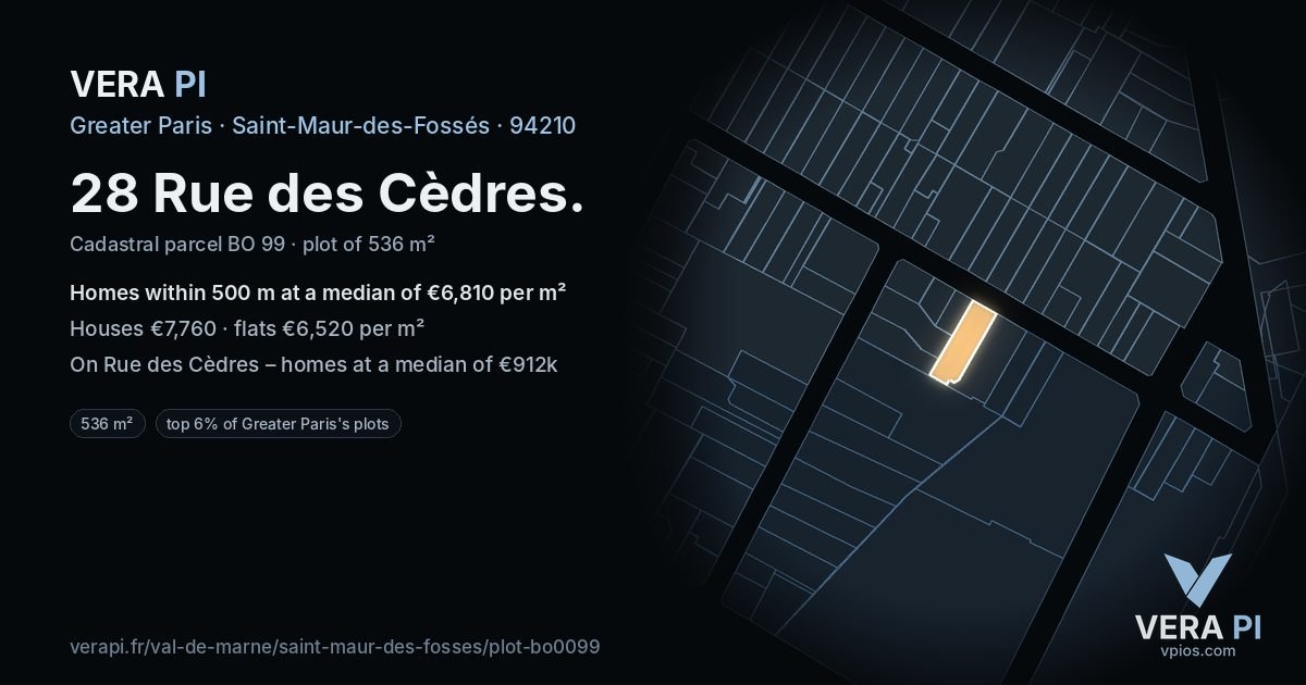 28 Rue des Cèdres, Saint-Maur-des-Fossés at night – the plot lit, the parcels around coloured by the prices near them