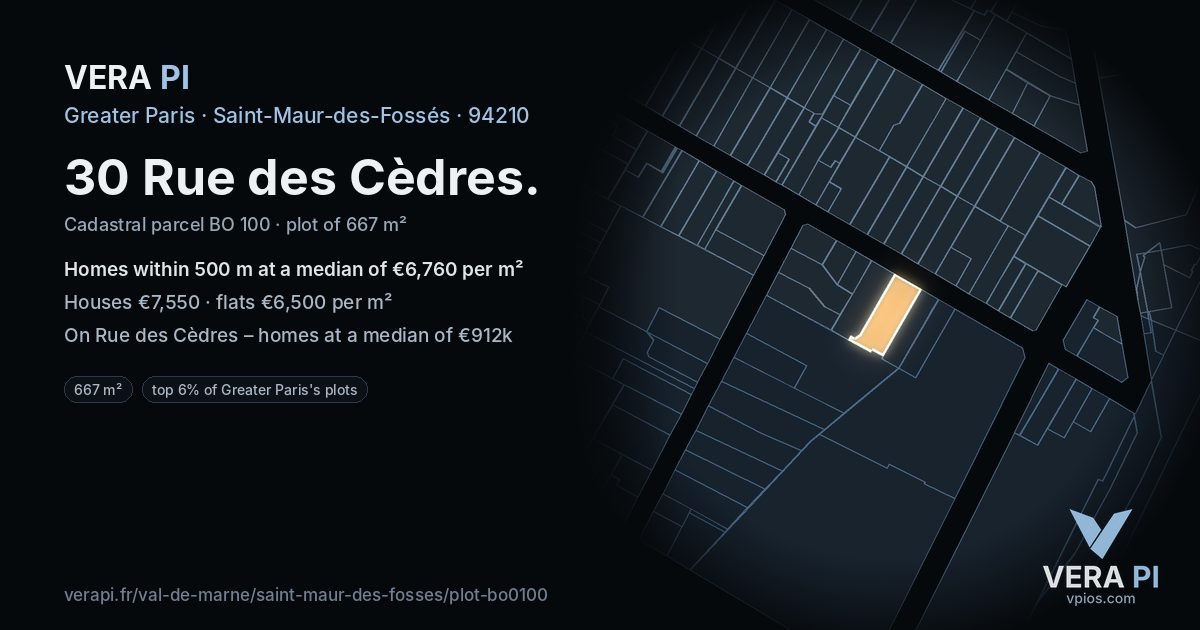 30 Rue des Cèdres, Saint-Maur-des-Fossés at night – the plot lit, the parcels around coloured by the prices near them
