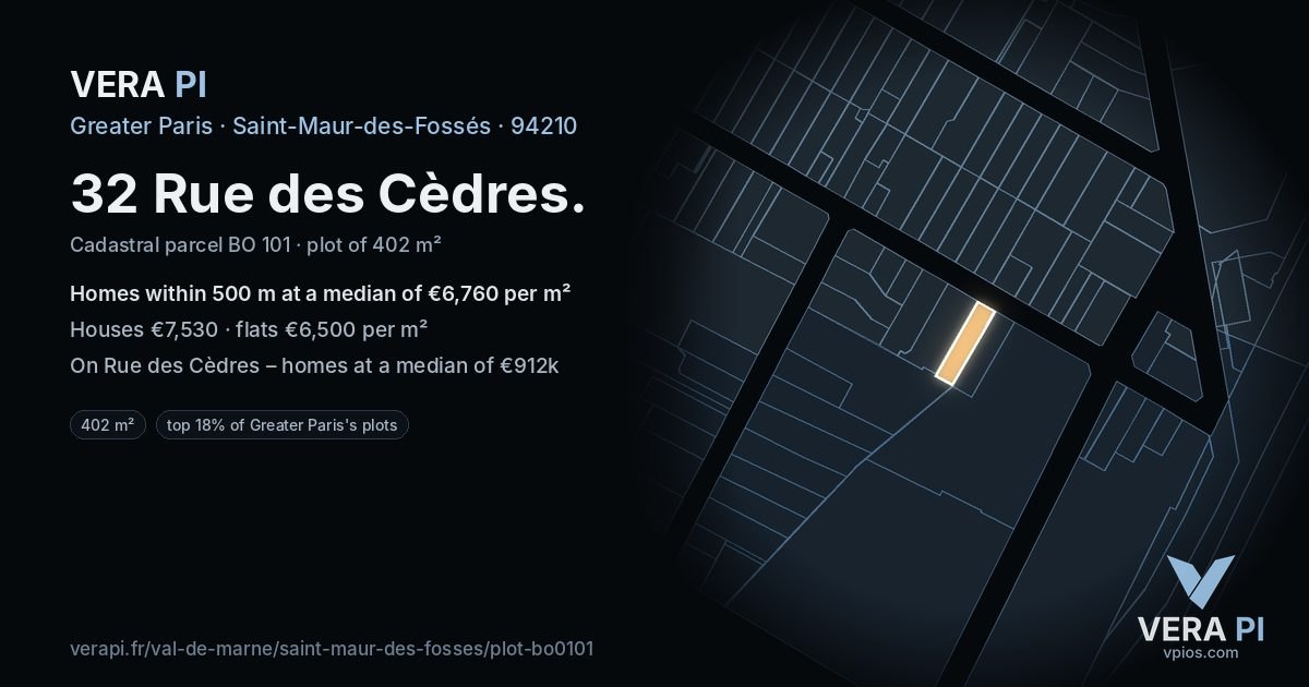 32 Rue des Cèdres, Saint-Maur-des-Fossés at night – the plot lit, the parcels around coloured by the prices near them