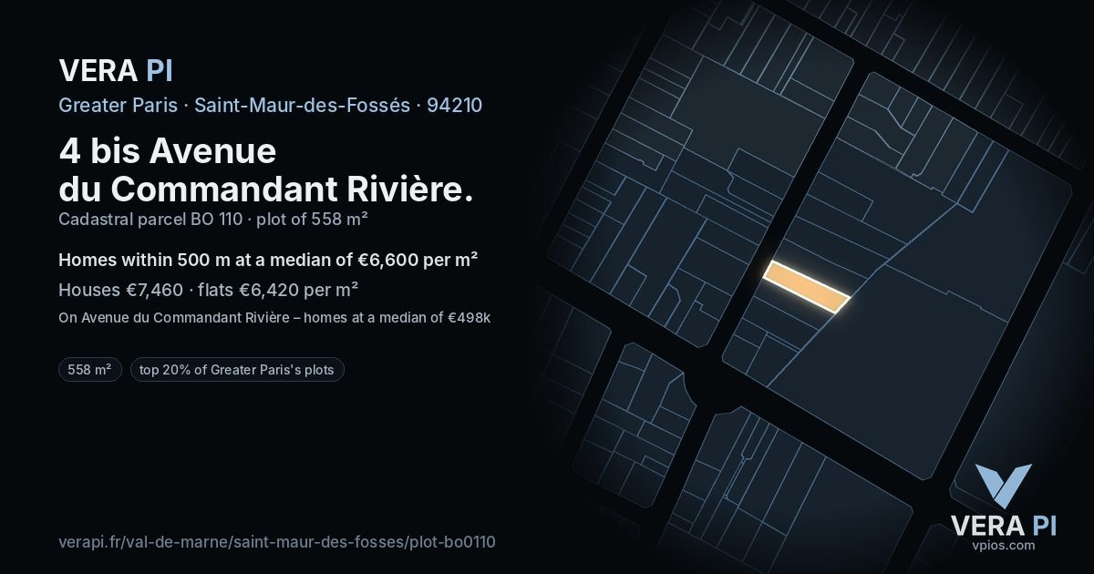 4 bis Avenue du Commandant Rivière, Saint-Maur-des-Fossés at night – the plot lit, the parcels around coloured by the prices near them