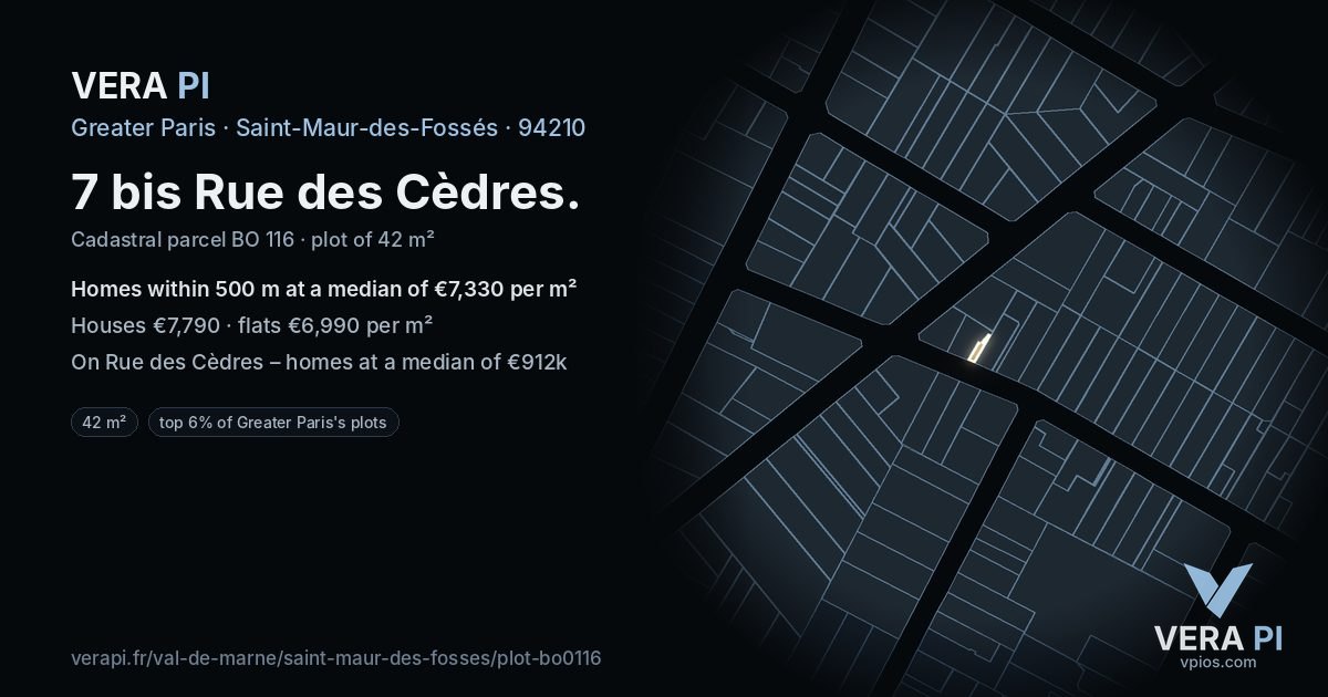 7 bis Rue des Cèdres, Saint-Maur-des-Fossés at night – the plot lit, the parcels around coloured by the prices near them