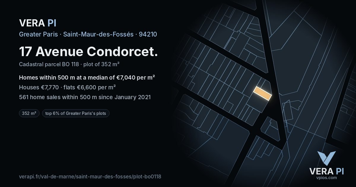 17 Avenue Condorcet, Saint-Maur-des-Fossés at night – the plot lit, the parcels around coloured by the prices near them