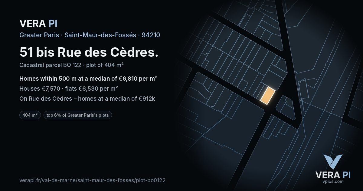 51 bis Rue des Cèdres, Saint-Maur-des-Fossés at night – the plot lit, the parcels around coloured by the prices near them