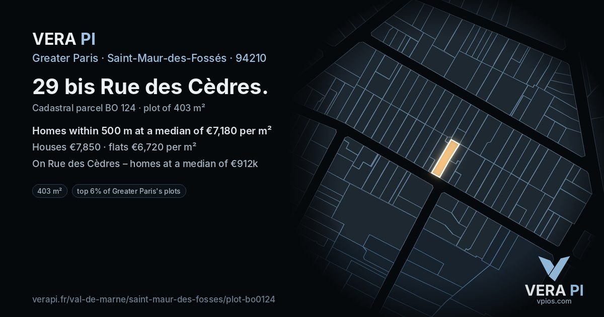 29 bis Rue des Cèdres, Saint-Maur-des-Fossés at night – the plot lit, the parcels around coloured by the prices near them
