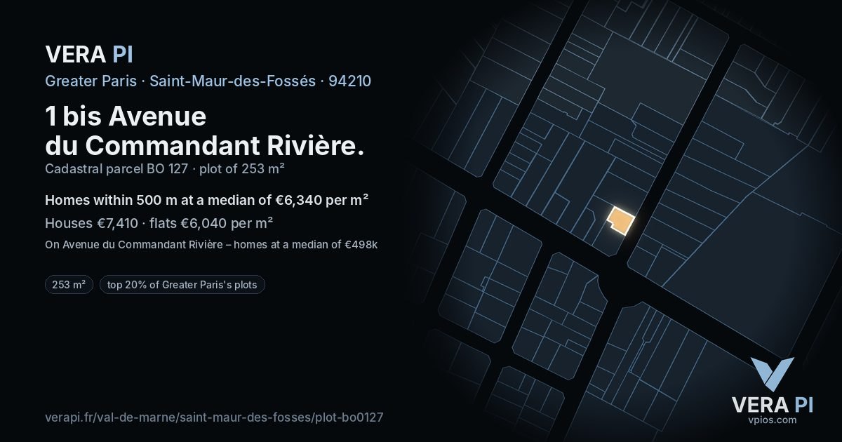 1 bis Avenue du Commandant Rivière, Saint-Maur-des-Fossés at night – the plot lit, the parcels around coloured by the prices near them