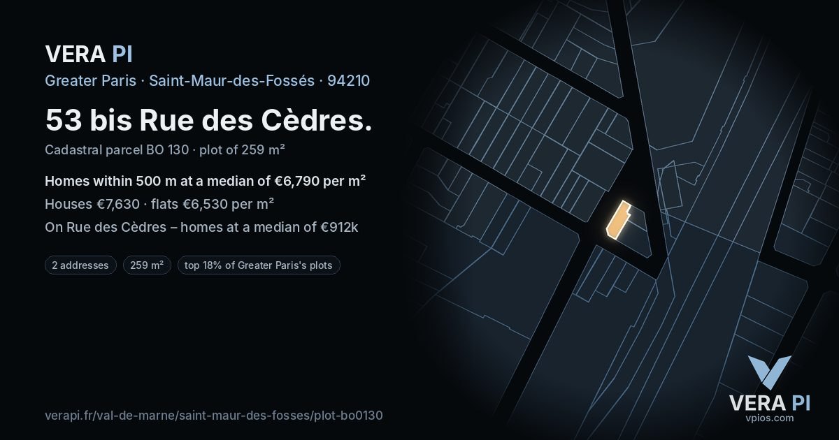53 bis Rue des Cèdres, Saint-Maur-des-Fossés at night – the plot lit, the parcels around coloured by the prices near them