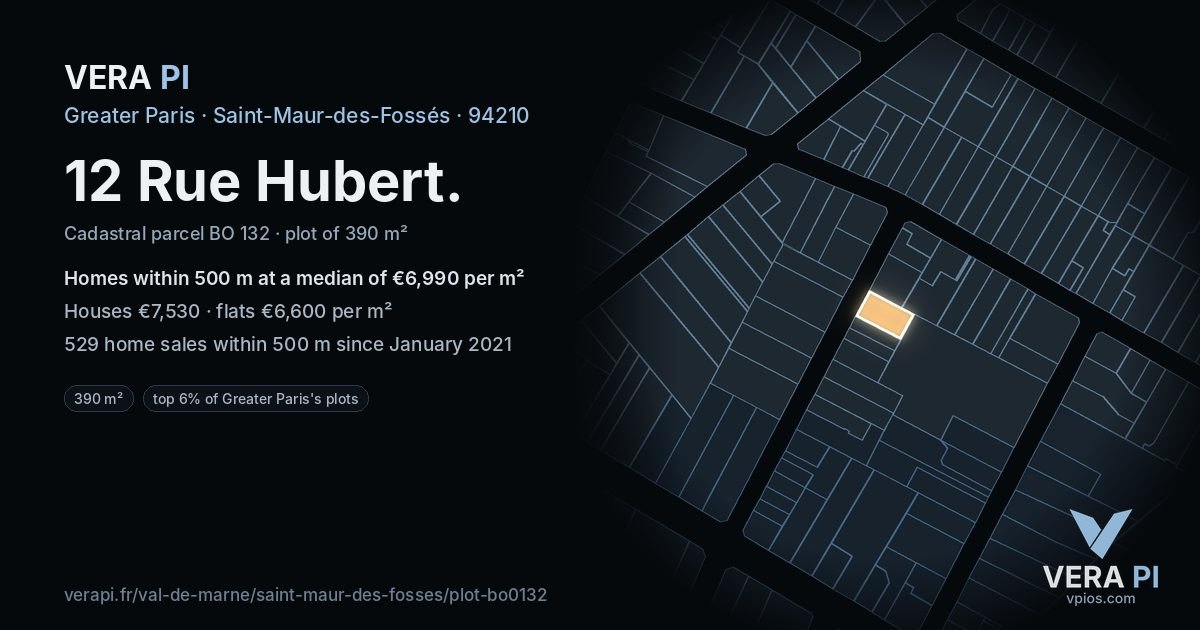 12 Rue Hubert, Saint-Maur-des-Fossés at night – the plot lit, the parcels around coloured by the prices near them