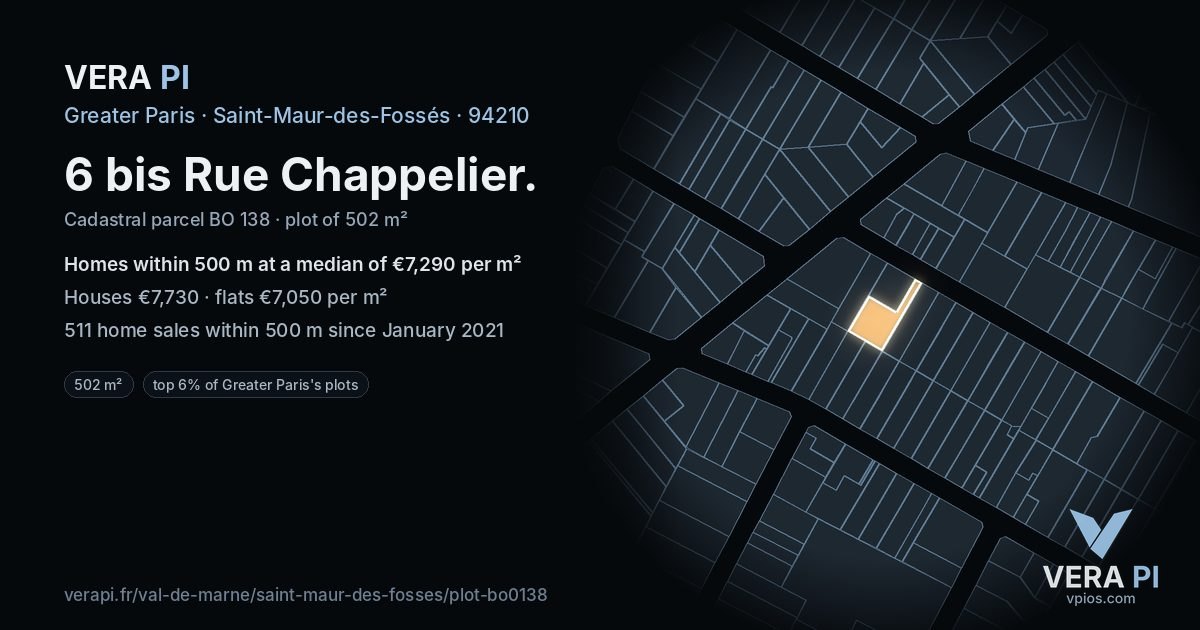6 bis Rue Chappelier, Saint-Maur-des-Fossés at night – the plot lit, the parcels around coloured by the prices near them