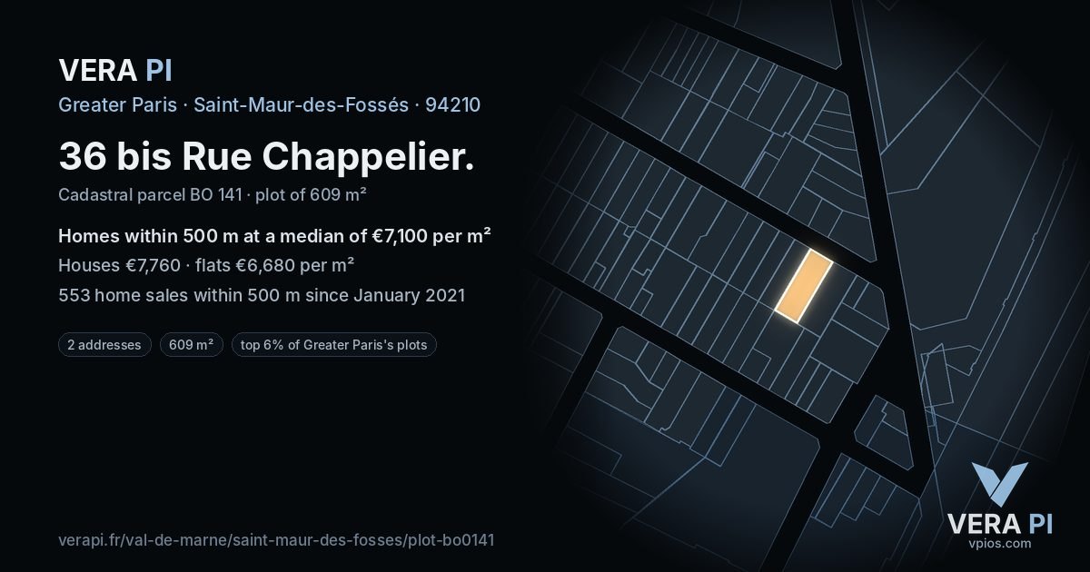 36 bis Rue Chappelier, Saint-Maur-des-Fossés at night – the plot lit, the parcels around coloured by the prices near them