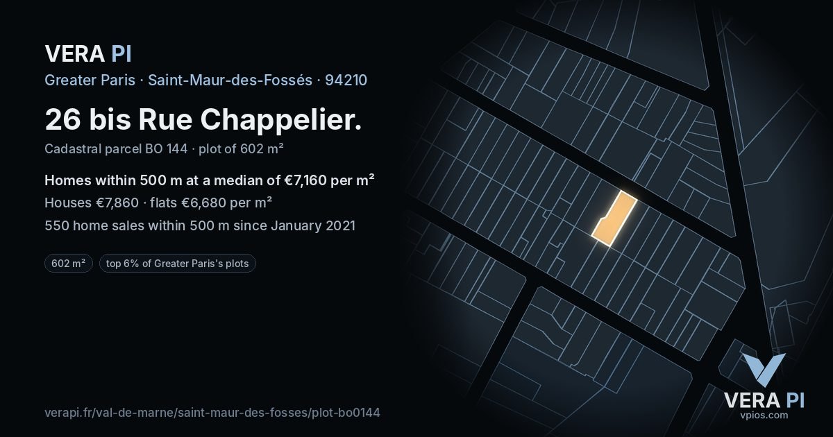 26 bis Rue Chappelier, Saint-Maur-des-Fossés at night – the plot lit, the parcels around coloured by the prices near them