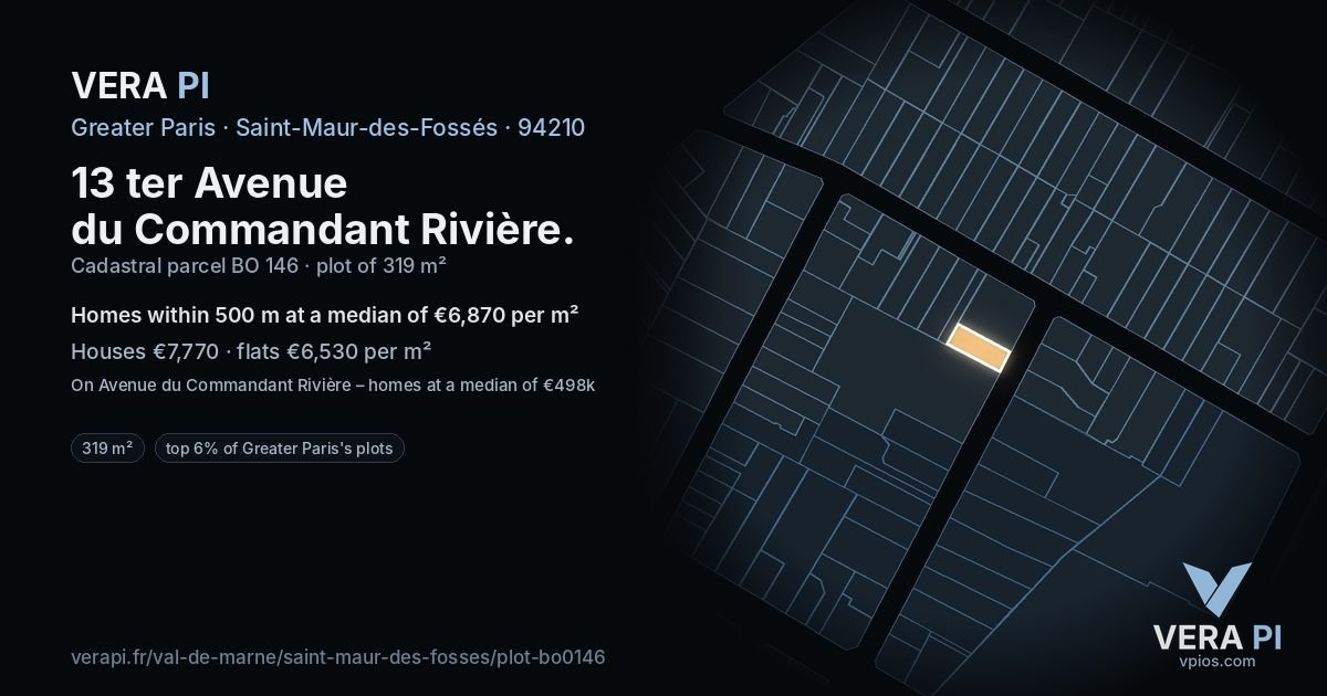13 ter Avenue du Commandant Rivière, Saint-Maur-des-Fossés at night – the plot lit, the parcels around coloured by the prices near them