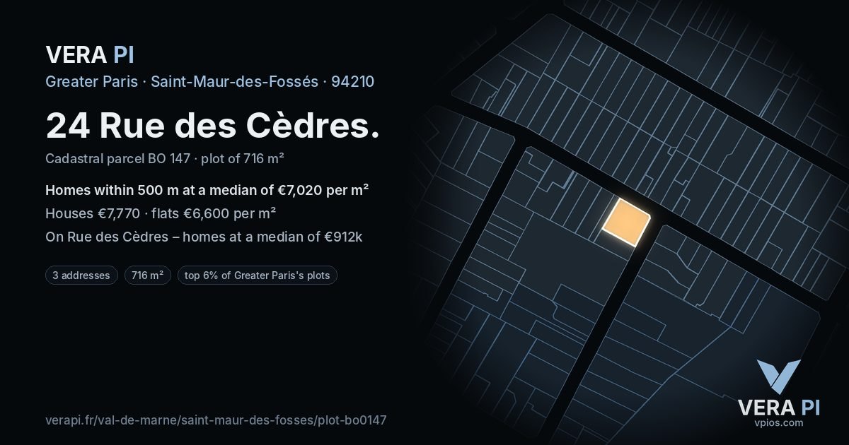 24 Rue des Cèdres, Saint-Maur-des-Fossés at night – the plot lit, the parcels around coloured by the prices near them