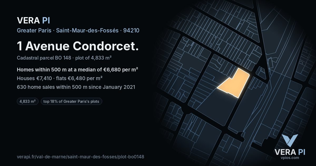 1 Avenue Condorcet, Saint-Maur-des-Fossés at night – the plot lit, the parcels around coloured by the prices near them