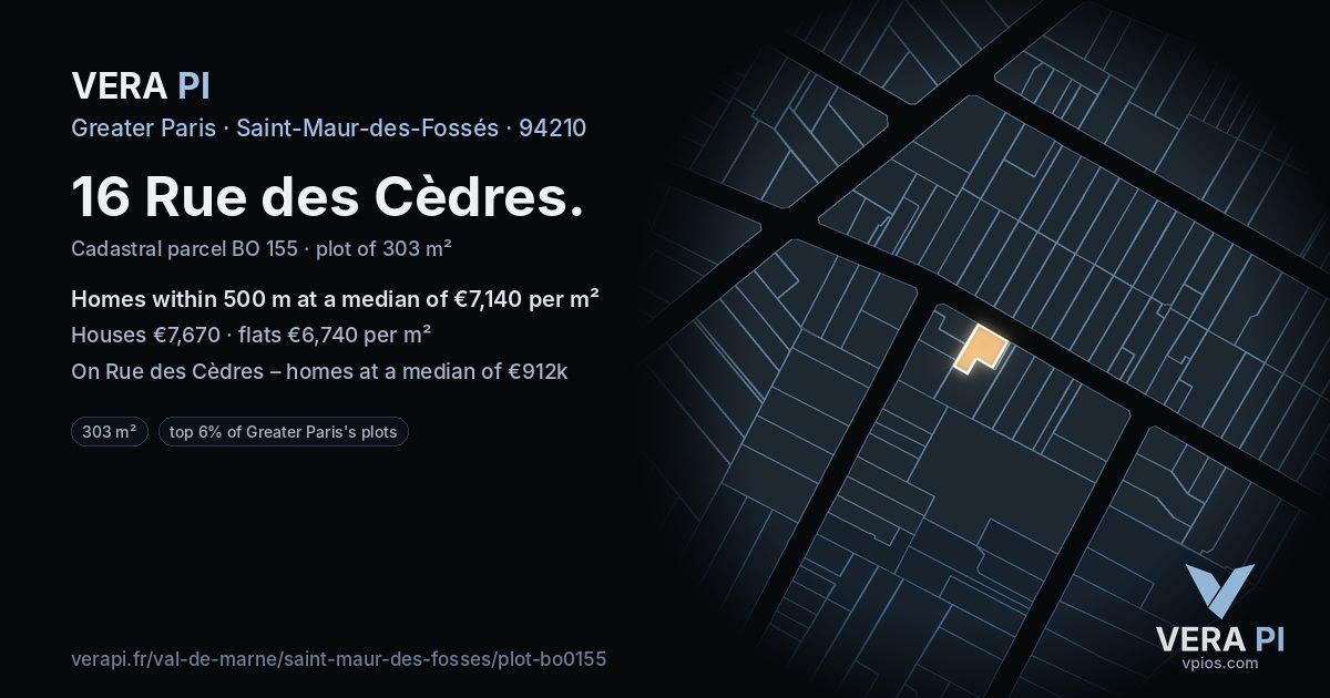 16 Rue des Cèdres, Saint-Maur-des-Fossés at night – the plot lit, the parcels around coloured by the prices near them