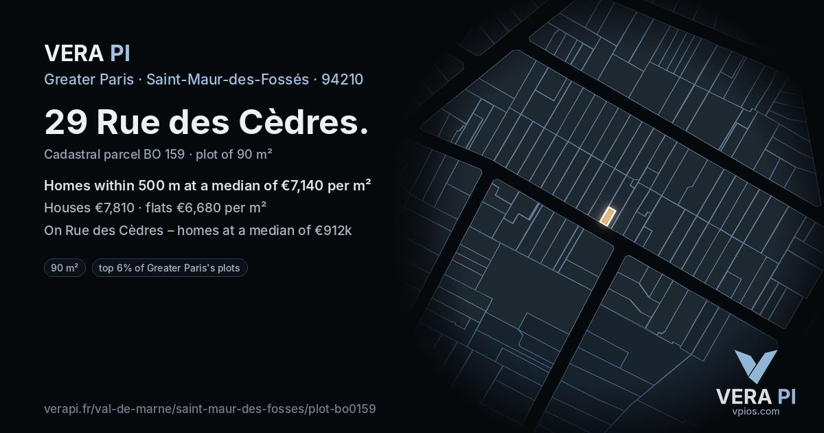 29 Rue des Cèdres, Saint-Maur-des-Fossés at night – the plot lit, the parcels around coloured by the prices near them
