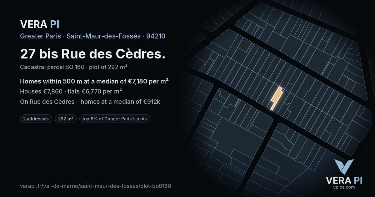 27 bis Rue des Cèdres, Saint-Maur-des-Fossés at night – the plot lit, the parcels around coloured by the prices near them